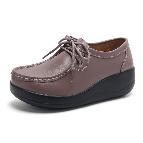 Image of Women's Leather Lace up Slip On Platform Loafers,Comfortable Arch Support Round Toe Wedge Moccasins Non-Slip Increase Height Nurse Work Shoes