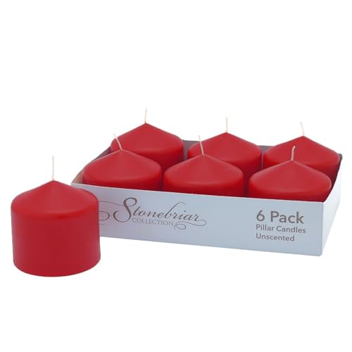 Image of Stonebriar Unscented Pillar Candles - 18 Hour Burn Time, Long-Lasting Wax Candles for Weddings, Holidays, Home Decor & Special Events, Pack of 6, Red, 3 inch x 3 inch