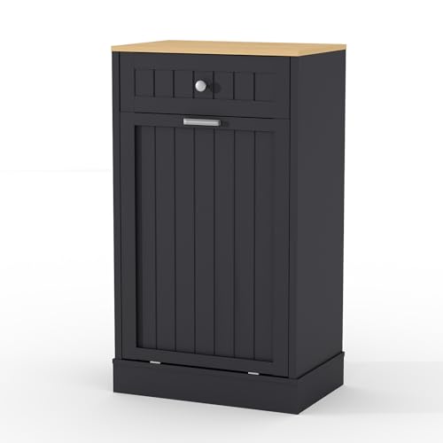 COOLYI 10 Gallons Tilt Out Trash Cabinet, Freestanding Kitchen Trash Bin Cabinet Wood Garbage Recycling Cabinet with Hideaway Drawer for Kitchen Living Room,Black