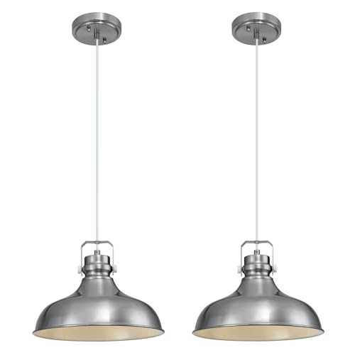 Image of Brushed Nickel Modern Pendant Lights Kitchen Island Fixtures | ETL Certificate,Industrial Adjustable Height Vintage Dome Hanging Light Fixtures for Barn,Dining Room 2 Pack