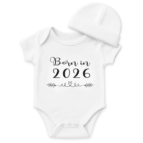 Miss Chapas | Conjunto bebé Born in 2026' body gorro – presente original de nascimento, Baby Shower, Natal | recém-nascido | Apresentado em caixa Kraft pronta para oferecer, Branco, 3 meses