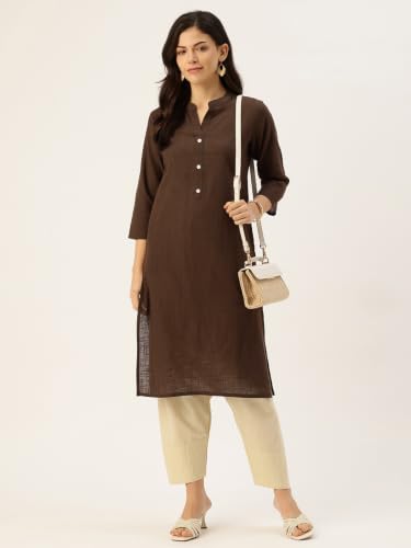 Image of feranoid Women's Plain Cotton Kurta with Mandarin Collar, 3 /4 Sleeves & Pocket