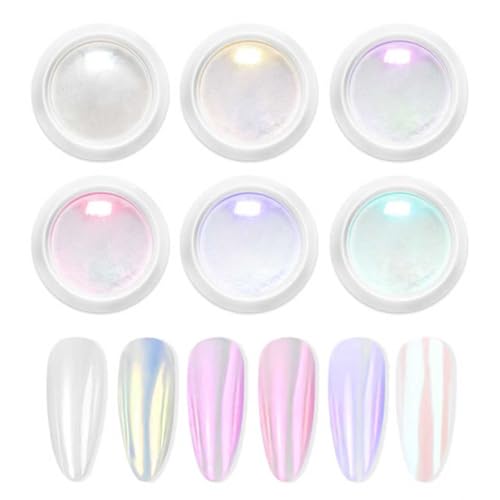 BISHENGYF【Upgrade】Poudre Chrome Ongle Blanc - 6 BoîTe Aurora Schimmer Poudre Ongle Effet Perle Glitzerpuder, Poudre Ongle Pigment Avec Paillettes Pou La...