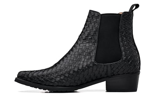Image of CALTO Men's Invisible Height Increasing Elevator Shoes - Black Premium Leather Woven Slip-on Chelsea Ankle Boots - 3.3 Inches Taller - K30521 - Size 6 D(M) US