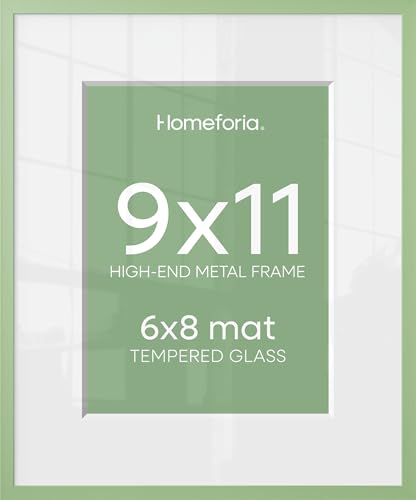 Image of Homeforia 9x11 Green Picture Frame, High-End Metal, 6x8 Mat, Glass | High End Aluminum, Tempered Glass, Acid-Free 6x8 Removable Mat, 9x11 in Edge-to-Edge Display 11x9, Wall Kit, Set Of 1