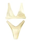 SheIn Women's Solid High Cut Thong Bikini Swimsuit Padded Plunging Bathing Suit Beige Small