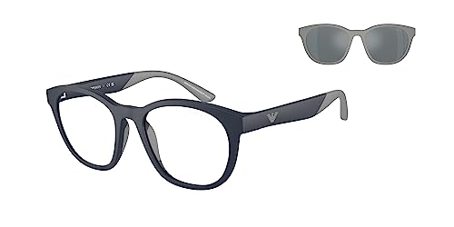 Emporio Armani EK4001 Prescription Eyewear Frames with Interchangeable Sun Clip-Ons Round, Matte Blue/Clear/Grey Mirrored, 47 mm