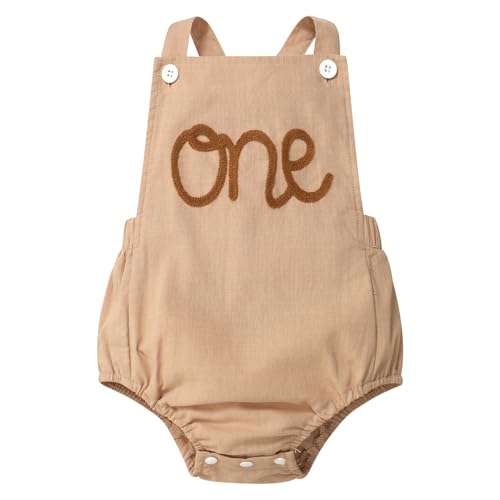 Baby Girls Boys Boho 1st Birthday Outfit Corduroy Solid Color Cake Smash Overalls Romper Sleeveless Backless One Letter Print First Birthday Outfits Clothes for Photo Shoot Deep Khaki One 12-18 Months