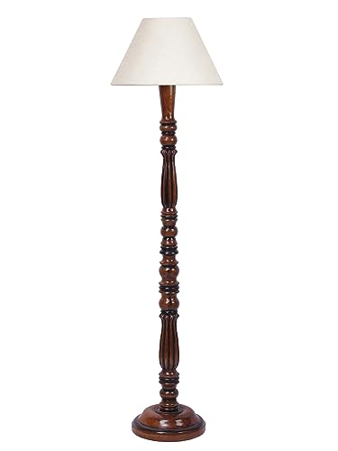 Image of White Jute Shade Wooden Floor Lamp with Wooden Base, Height - 53 Inches | Contemporary Standing Lamp for Living Room, Bedroom & Office | Elegant Lighting for Stylish Home Interiors