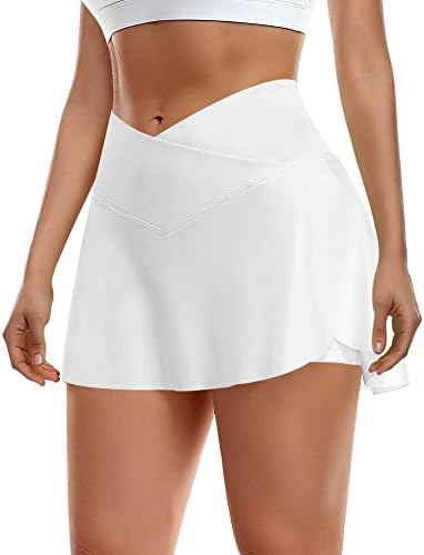 Ganado Pleated Tennis Skirts for Women with Pockets Crossover Waisted Golf Athletic Skirt Flowy Skort Running Workout Casual(#1-White,Medium)