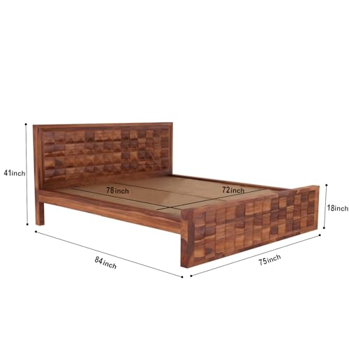 Image of Sheesham Wood King Size Bed Without Storage | Wooden Bed King Size Double Cot Palang Bed for Bedroom | Diamond Design Headboard Bed for Living Room | Honey Finish