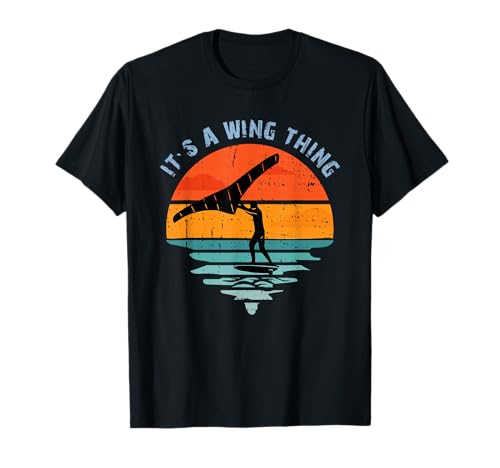 Wing Foiling Surfer Apparel - Wing Foiling Surf Foiler, Retro Vintage Surfer T-Shirt - Schwarz, S - Unisex Erwachsene, Unisex Kinder - Klassisch, Kurzarm - V-Ausschnitt - Polyester 100%
