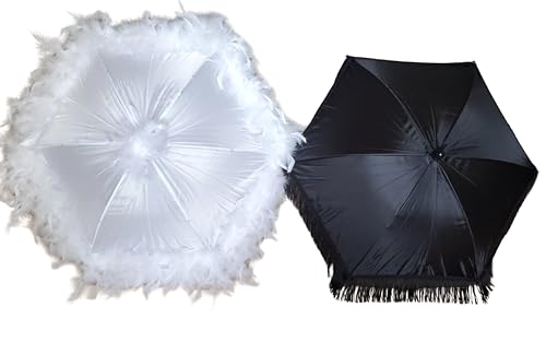 New Orleans Wedding Second Line Umbrellas in White Feather and Black Fringe- Set of 2 Medium Size Wedding parasols