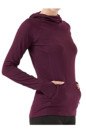 HMILES Frauen Langarm Cowlneck SportShirts - Damen UPF Leichte Kapuze Wandern Top Weibliche Fitness Laufen Tshirt mit Daumenlöchern und Reißverschluss Tasche Lila M Cover