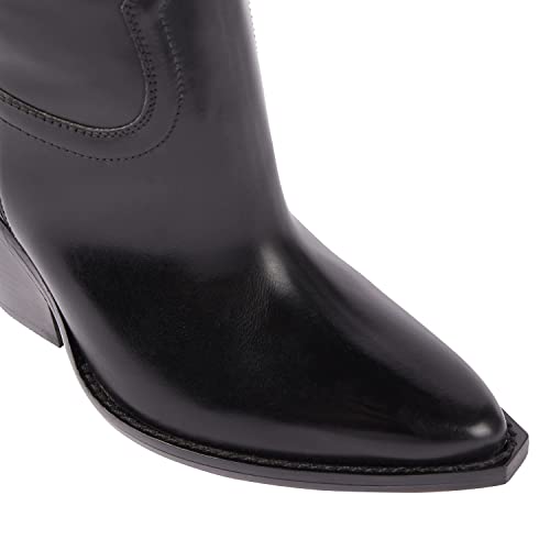 LEHOOR Women Cowboy Boots High Chunky Stacked Heel Western Mid calf Boots Pointy Closed Toe Wide Calf Pull On Suede Cowgirl Boot V Cut Dressy Winter Fall Short Riding Boots Vintage Classic 4-11 M US2