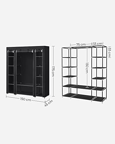 SONGMICS Fabric Wardrobe, Portable Wardrobe for Bedroom, Clothes Rail with Non-Woven Fabric Cover, Clothes Storage Organiser, 45 x 150 x 175 cm, 12 Compartments, Metal Frame, Black LSF03H