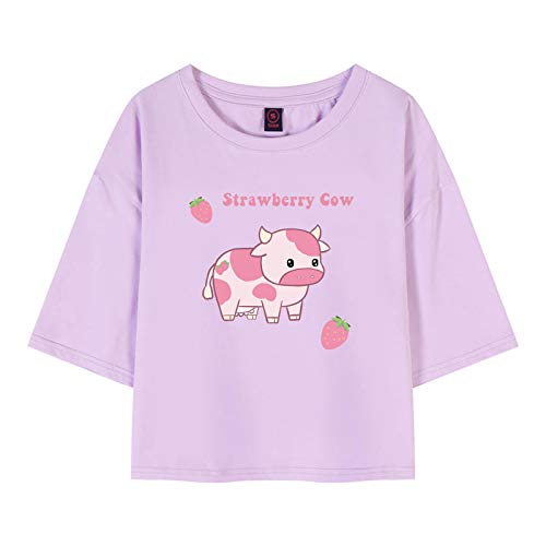 Image of KEEVICI Girls' Cute Strawberry Cow Print T Shirts Short Sleeve Crop Cotton Tops