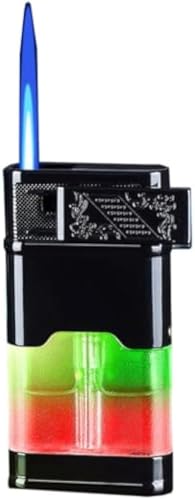 Windproof Butane Lighter, Blue Flame, Large Transparent Gas Tank, Two-Color Flash Light, Reusable, Adjustable Flame, Gift(Black2)