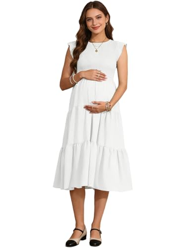 Jhaoyu Vestido de maternidad para mujer, vestido de maternidad, de cintura alta, informal, vestido midi para embarazadas, sin mangas, volantes, vestido de lactancia, Blanco, M