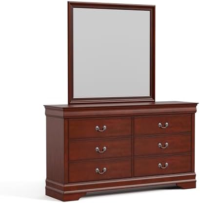 Furniture of America Arabella Traditional Wooden 6 Drawer Dresser with Mirror, Vintage Bedroom Set, Accent Vanity Dressing Table with Antique Nickle Handles for Dressing Room, Walk-in Closet, Cherry