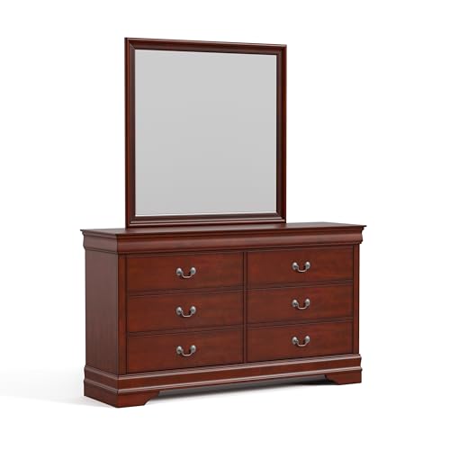 Furniture of America Arabella Traditional Wooden 6 Drawer Dresser with Mirror, Vintage Bedroom Set, Accent Vanity Dressing Table with Antique Nickle Handles for Dressing Room, Walk-in Closet, Cherry