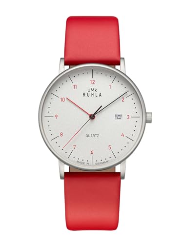 UMR RUHLA 30434 - Zeitlose Eleganz und erstklassige Verarbeitung- satinierte Edelstahlgehäuse – Quarzwerk - Ziffernblatt in Silber - rote Lederarmband – Made in Germany