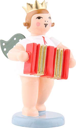 KDE Ellmann Angel with Crown and Accordion - 6,5 cm / 2.5 inch - grüne Flügel - Weihnachtsengel Erzgebirge