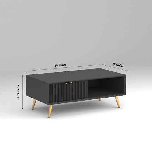 Image of ONIJA Modern Coffee Table for Living Room | HDMR Premium Wood Center Table with Storage Shelf | Matte Finish Coffee Table | Wooden Tea Table with Sturdy Legs (Black)
