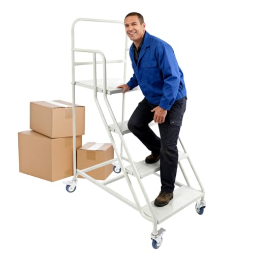 4 Step Rolling Stairs Industrial Warehouse Mobile Ladder Metal Rolling Steps with Universal Wheels Large Rolling Stairs for Library, 881.85lbs Capacity, 23.62" L x 39.37" W x 39.37" H