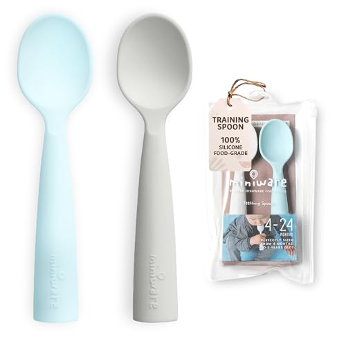 Image of Miniware Silicone Baby Spoon for Training - BPA Free Baby Utensils - Baby Spoons Self Feeding 6 Months | 100% Food Grade Silicone - Modern & Dishwasher Safe Toddler Spoons (Grey and Aqua)