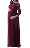 Fashion Umstandskleid D-Pink Umstandsmode Maxi Spitzenkleid Chiffon Party Umstandskleid, Rotwein-3/4-arm, S/36