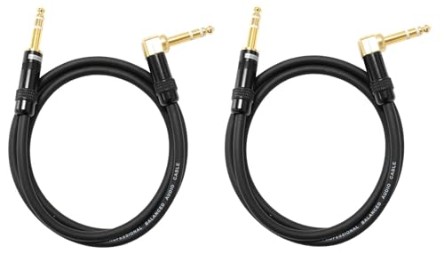Audio2000'S C26003P2 Two-Pack 3-Feet Gold-Plated 1/4-Inch TRS Right Angle to Gold-Plated 1/4-Inch TRS Straight Balanced Audio/Recording/Patch/Stage Cables (Including Two 3-Feet Cables)