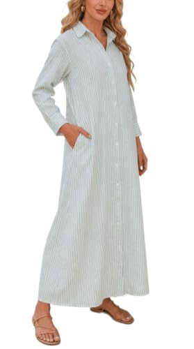 Image of Ladyful Women's Cotton Linen Maxi Dress Summer Long Sleeve Shirt Dress