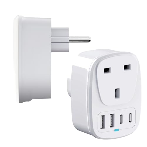 UK to European Plug Adapter, EU USB & USB C Travel Adaptor for Germany,France,Turkey,Spain,Greece,Poland,Egypt,Portugal,Crotia,Iceland, 5 in 1 UK to Europe Power Plugs with 2 USB & 2 USBC Ports UK to European Plug Adapter, EU USB & USB C Travel Adaptor for Germany,France,Turkey,Spain,Greece,Poland,Egypt,Portugal,Crotia,Iceland, 5 in 1 UK to Europe Power Plugs with 2 USB & 2 USBC Ports