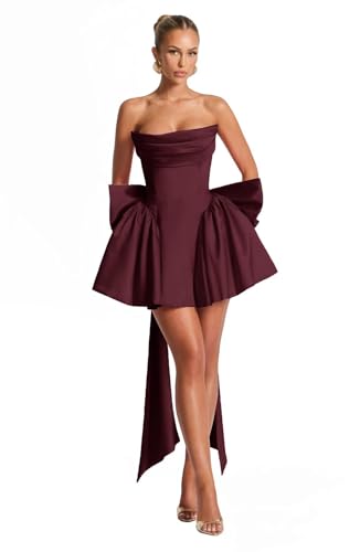 Ouyisha Satin Homecoming Dress for Teens Short Strapless Cocktail Party Gown with Bow Corset Birthday Dress 2025