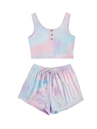 Image of SOLY HUX Women's Pajama Set 2 Piece Lounge Sets Summer Tie Dye Tank Tops and Shorts Sleepwear PJs Purple Tie Dye S