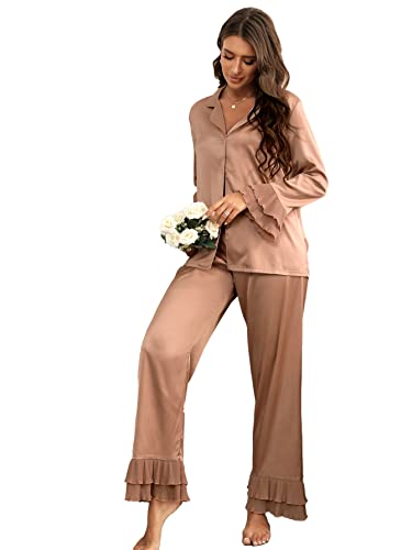 Verdusa Women's Satin Notch Collar Blouse and Ruffle Hem Pants PJ Set