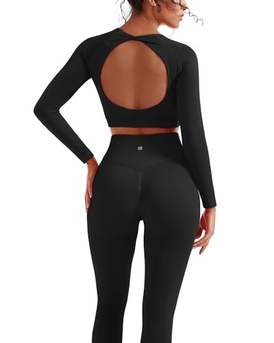 SUUKSESS Women 2 Piece Open Back Seamless Workout Sets Scrunch Butt Gym Leggings Built in Bra Crop Yoga Top (Black,M)