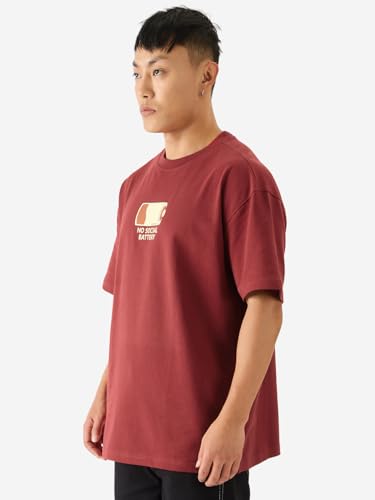 Image of The Souled Store No Social Battery Men and Boys Short Sleeve Round Neck Maroon Graphic Printed Cotton Oversized T-Shirts