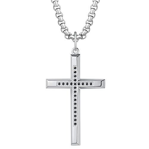 FANCIME Cross Necklace for Men Sterling Silver Cross Necklaces High Polished Gift For Men, Stainless Steel Box Chain Length 24 Inch