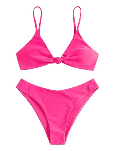ZAFUL Women's Tie Knot Front Spaghetti Strap High Cut Bikini Set Swimsuit