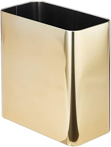 mDesign Stainless Steel Slim Rectangular Modern Metal 2.6 Gallon/10 Liter Trash Can Wastebasket, Garbage Container Bin for Bathroom, Bedroom, Kitchen, Home Office; Holds Waste, Recycling – Soft Brass
