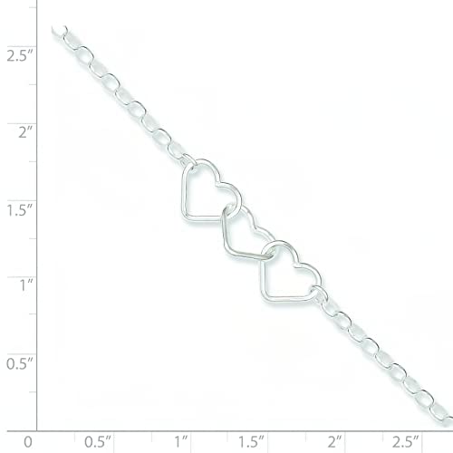 Sterling Silver 3 Hearts Rolo Chain Anklet 9"2