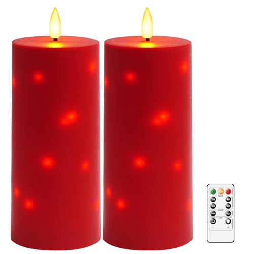 Image of kakoya 10 inch x 4 inch Large Outdoor Waterproof Flickering Flameless Candles with Timer,2Pcs Battery Operated LED Pillar Candles with Embedded Star String for Outdoor Lanterns,Porch,Patio Decor(red)