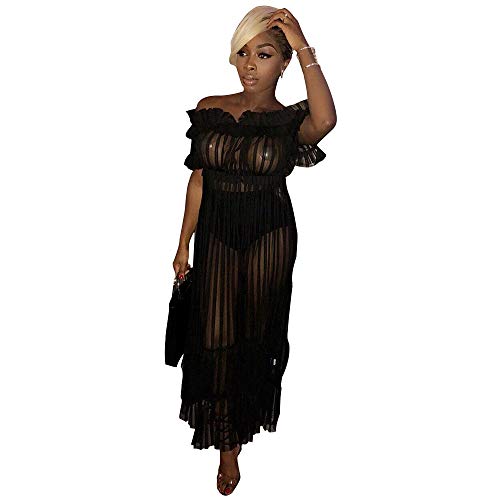 Women Sexy Lace Off Shoulder Mesh See Through Long Pleated Maxi Dress Club Party Gown3