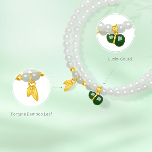 Healing Jade Beaded Bracelets 24K Solid Gold Green Jade Gourd Bracelet Real Gold Bead Leaf Hetian White Jade Nephrite Double Stretch Bracelet for Women Mom Daughter 13.39"/34cm Y19143093