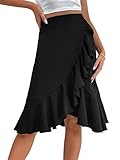 Vrtige Women's Ruffle Asymmetrical Hem Stretchy High Waist Bodycon Pencil Midi Skirt Black Medium