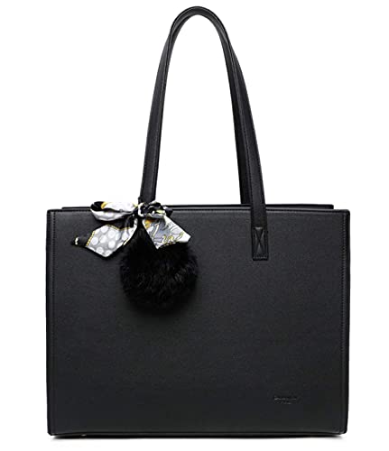 Sac A Main Femme Pompon Fourrure - Cabas Format A4 pour Cours - Grande Taille Shopping Fourre-Tout Porte-Document - Tendance Et Classique (Noir) L 38cmx H 29 x l 11 cm