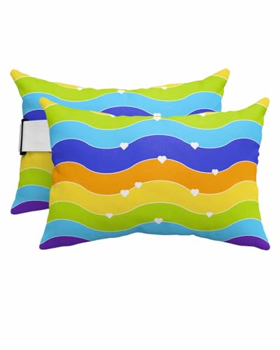 Rainbow Outdoor Beach Chair Pillow Headrest for Chaise Lounge Chair, Recliner Head Pillow Waterproof Pillowcases with Elastic Band & Inserts 12x20(2 PCS) Watercolor Gradient Heart Geometric Stripes