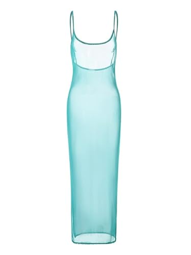 Sexy See Through Sheer Mesh Maxi Dress Sleeveless Lace Patchwork Long Dress Perspective Backless Bodycon Beach Wear